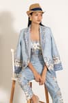 Shop_RANNA GILL_Sky Blue Viscose, Linen Embroidery Collared Mira Knotch Jacket _Online_at_Aza_Fashions