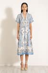 RANNA GILL_Sky Blue Viscose, Linen Collared Printed Midi Shirt Dress _Online_at_Aza_Fashions