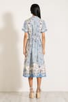 Shop_RANNA GILL_Sky Blue Viscose, Linen Collared Printed Midi Shirt Dress _at_Aza_Fashions