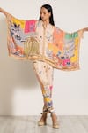 RANNA GILL_Multi Color Satin Embroidery Mandarin Collar Multi-color Blend Kaftan Set _at_Aza_Fashions