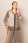 Buy_RANNA GILL_Brown Viscose, Linen Embroidery V-neck Orla Designer Printed Shirt _at_Aza_Fashions