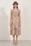 Buy_RANNA GILL_Gold Linen Square Neck Panelled Midi Dress _Online_at_Aza_Fashions