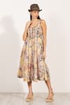 Shop_RANNA GILL_Gold Linen Square Neck Panelled Midi Dress _Online_at_Aza_Fashions