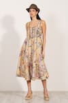 RANNA GILL_Gold Linen Square Neck Panelled Midi Dress _at_Aza_Fashions