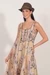 Buy_RANNA GILL_Gold Linen Square Neck Panelled Midi Dress 