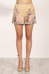 Buy_RANNA GILL_Gold Linen Embroidery Floral Print Designer Regina Shorts _Online_at_Aza_Fashions