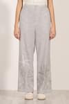 RANNA GILL_Gray Linen Embroidery Verena High Waisted Pants _Online_at_Aza_Fashions
