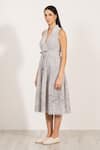 Buy_RANNA GILL_Gray Linen Embroidery Halter Neck Pleated Midi Dress _Online_at_Aza_Fashions