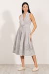 Shop_RANNA GILL_Gray Linen Embroidery Halter Neck Pleated Midi Dress _Online_at_Aza_Fashions