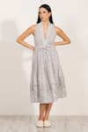 RANNA GILL_Gray Linen Embroidery Halter Neck Pleated Midi Dress _at_Aza_Fashions