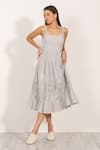 RANNA GILL_Gray Linen Embroidery Square Neck Athea Braided Midi Dress _at_Aza_Fashions