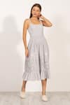 Buy_RANNA GILL_Gray Linen Embroidery Square Neck Athea Braided Midi Dress _at_Aza_Fashions