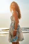 RANNA GILL_Teal Viscose, Linen Square Neck Globe Printed Sundress _Online_at_Aza_Fashions