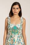 Shop_RANNA GILL_Teal Viscose, Linen Square Neck Globe Printed Sundress _Online_at_Aza_Fashions