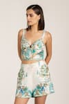 RANNA GILL_Teal Viscose, Linen Sweetheart Neck Globe Printed Bustier _Online_at_Aza_Fashions