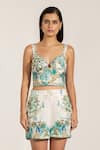 Shop_RANNA GILL_Teal Viscose, Linen Sweetheart Neck Globe Printed Bustier _Online_at_Aza_Fashions