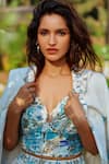 RANNA GILL_Teal Viscose, Linen Sweetheart Neck Globe Printed Bustier _at_Aza_Fashions