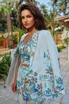 RANNA GILL_Teal Viscose, Linen Open Neck Globe Printed Rex Knotch Collar Jacket _Online_at_Aza_Fashions
