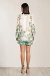 Shop_RANNA GILL_Teal Viscose, Linen Open Neck Globe Printed Rex Knotch Collar Jacket _at_Aza_Fashions