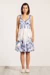 RANNA GILL_Blue Organza Embroidery V-neck Floral Print Sundress _Online_at_Aza_Fashions