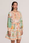 RANNA GILL_Multi Color Linen, Viscose Embroidery Round Neck Zaria Pleated Yoke Mini Dress _Online_at_Aza_Fashions