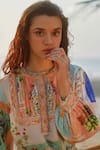 Shop_RANNA GILL_Multi Color Linen, Viscose Embroidery Round Neck Zaria Pleated Yoke Mini Dress _Online_at_Aza_Fashions