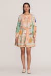 RANNA GILL_Multi Color Linen, Viscose Embroidery Round Neck Zaria Pleated Yoke Mini Dress _at_Aza_Fashions