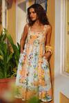 Buy_RANNA GILL_Multi Color Linen, Viscose Lace Square Neck Alora Panel Midi Dress _at_Aza_Fashions