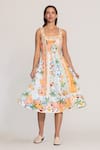 Shop_RANNA GILL_Multi Color Linen, Viscose Lace Square Neck Alora Panel Midi Dress _Online_at_Aza_Fashions