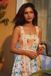 RANNA GILL_Multi Color Linen, Viscose Lace Square Neck Alora Panel Midi Dress _at_Aza_Fashions