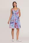 Buy_RANNA GILL_Multi Color Linen Fabric Flowers Sweetheart Neck Florin Pleated Mini Dress _Online_at_Aza_Fashions