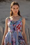 Shop_RANNA GILL_Multi Color Linen Fabric Flowers Sweetheart Neck Florin Pleated Mini Dress _Online_at_Aza_Fashions