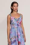 RANNA GILL_Multi Color Linen Fabric Flowers Sweetheart Neck Florin Pleated Mini Dress _at_Aza_Fashions