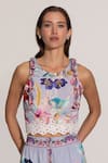 Buy_RANNA GILL_Multi Color Cotton Embroidery, Cut Work Halter Neck Crop Top And Skirt Set _Online_at_Aza_Fashions