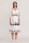 Buy_RANNA GILL_White Cotton Embroidery Split V-neck Ivy Tier Midi Dress _at_Aza_Fashions