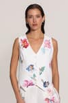 RANNA GILL_Ivory Linen, Viscose Embroidery V-neck Waistcoat _Online_at_Aza_Fashions