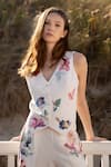 Buy_RANNA GILL_Ivory Linen, Viscose Embroidery V-neck Waistcoat _at_Aza_Fashions