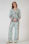 Buy_RANNA GILL_Multi Color Chiffon Embroidery Open Neck Floral Print Tie Blouse _at_Aza_Fashions