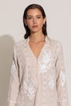 Buy_RANNA GILL_Beige Linen Embroidery Split V-neck Stripe Kurta Pant Set _Online_at_Aza_Fashions