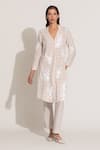 Buy_RANNA GILL_Beige Linen Embroidery Split V-neck Stripe Kurta Pant Set _at_Aza_Fashions