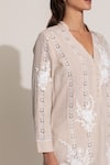 RANNA GILL_Beige Linen Embroidery Split V-neck Stripe Kurta Pant Set _at_Aza_Fashions