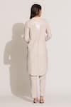 Shop_RANNA GILL_Beige Linen Embroidery Split V-neck Stripe Kurta Pant Set _at_Aza_Fashions