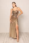 Buy_RANNA GILL_Gold Sequins Sweetheart Neck Solaria Gown _at_Aza_Fashions