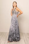 RANNA GILL_Gray Viscose Sequins V-neck Riva Pleated Gown _Online_at_Aza_Fashions