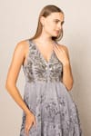 Buy_RANNA GILL_Gray Viscose Sequins V-neck Riva Pleated Gown _Online_at_Aza_Fashions