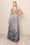 Buy_RANNA GILL_Gray Viscose Sequins V-neck Riva Pleated Gown _at_Aza_Fashions