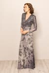 Shop_RANNA GILL_Gray Polyester, Georgette Sequins V-neck Zale Grey Ombre Gown _Online_at_Aza_Fashions