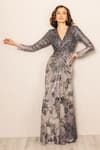 Buy_RANNA GILL_Gray Polyester, Georgette Sequins V-neck Zale Grey Ombre Gown _at_Aza_Fashions