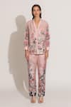 RANNA GILL_Pink Viscose, Linen Embroidery V-neck Cavern Floral Printed Co-ord Set _Online_at_Aza_Fashions