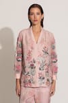 Buy_RANNA GILL_Pink Viscose, Linen Embroidery V-neck Cavern Floral Printed Co-ord Set _Online_at_Aza_Fashions